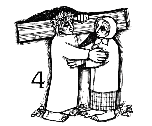 Black and white drawing of Jesus on left, crowned with thorns and holding the bulky cross, standing with his arm reaching out in an embrace with Mary on the right. 
