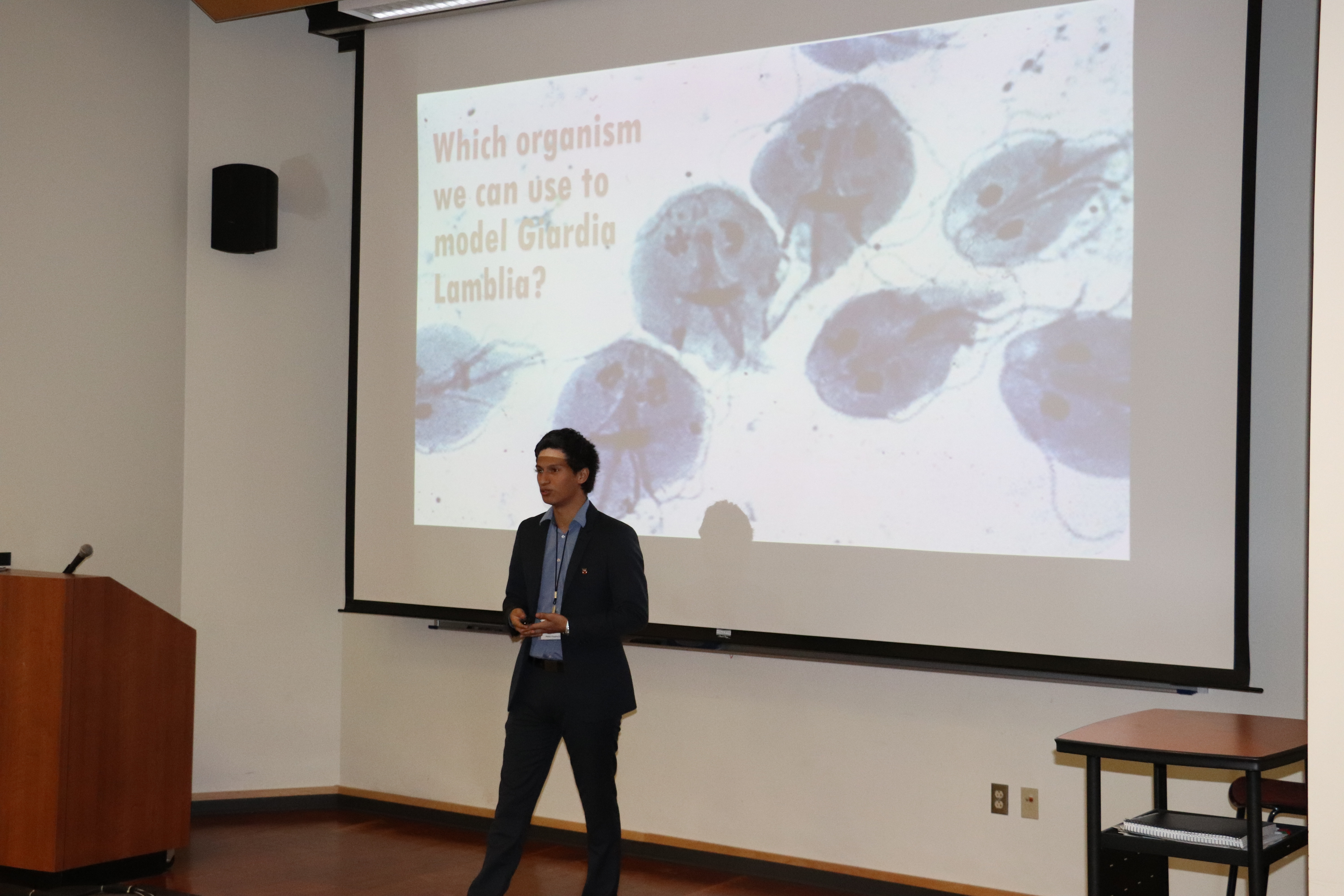 Josemaria Soriano presents his research. Soriano is a sophomore at St. Mary's University in San Antonio.