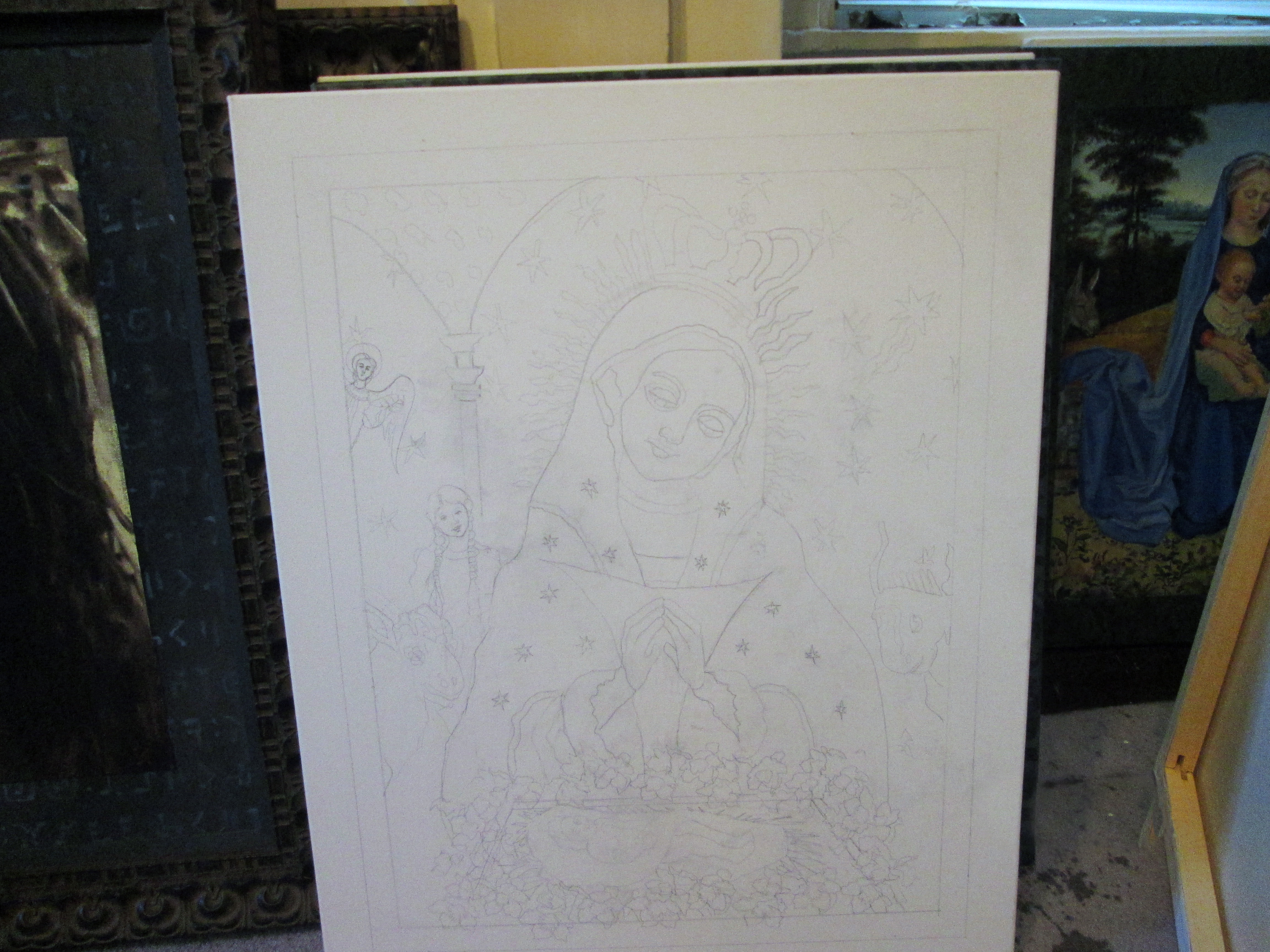 Early sketch of the painting titled "Madelon?s Gift to the Christchild ? Christmas Rose"
