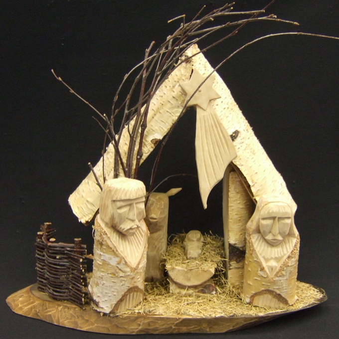 "The Meaning of the Gable" is a nativity made of birchwood.