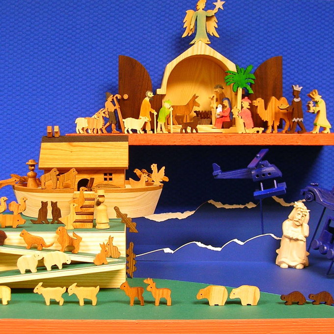 "Ark and Manger" is a wooden nativity set that includes Noah's ark. It was crafted by Indiana artist, Jerry Krider.