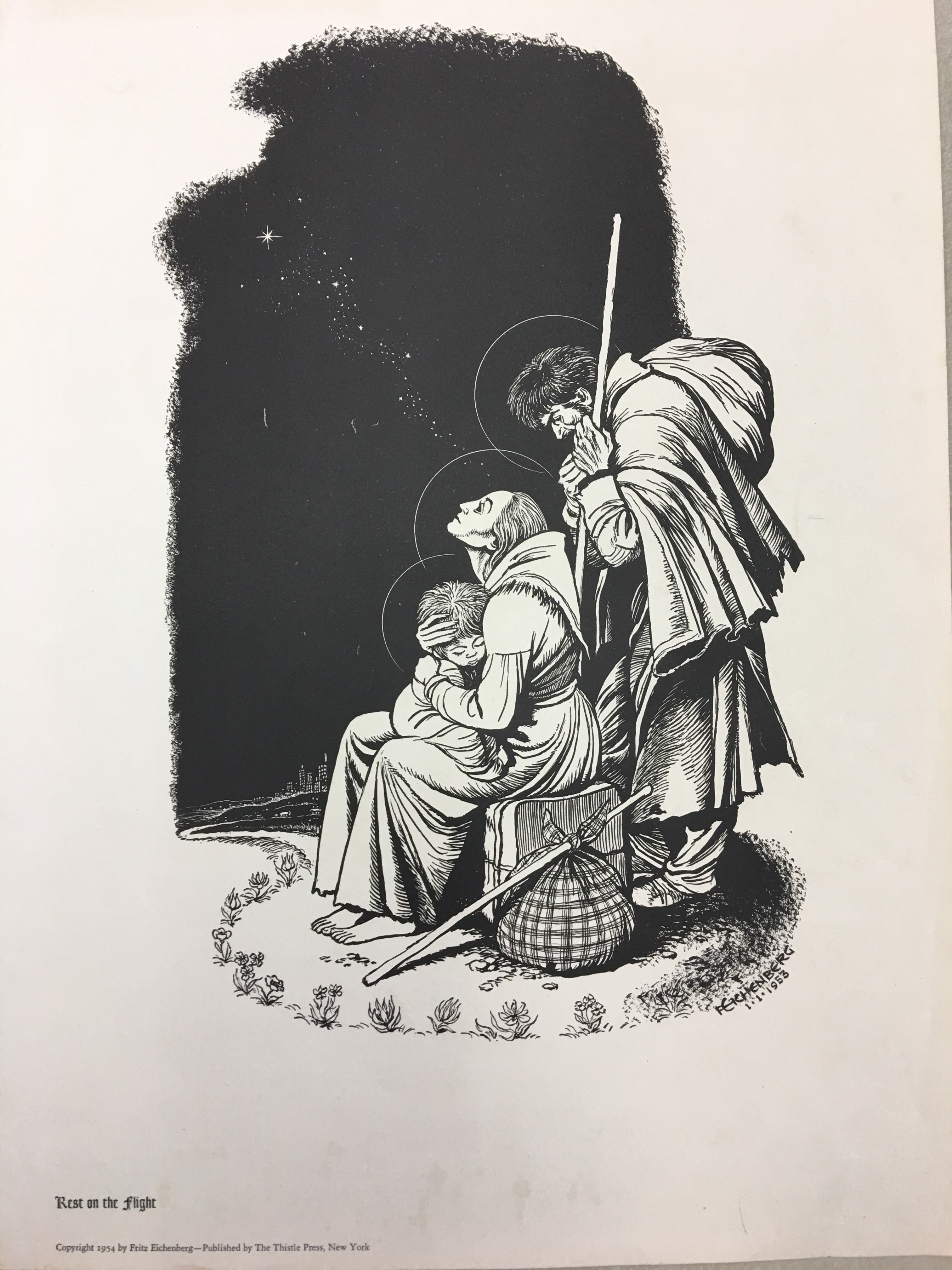 “Rest on the Flight”, by Fritz Eichenberg, 1953, published by the Thistle Press, New York, Copyright 1954. Marian Library Flat File Collection.