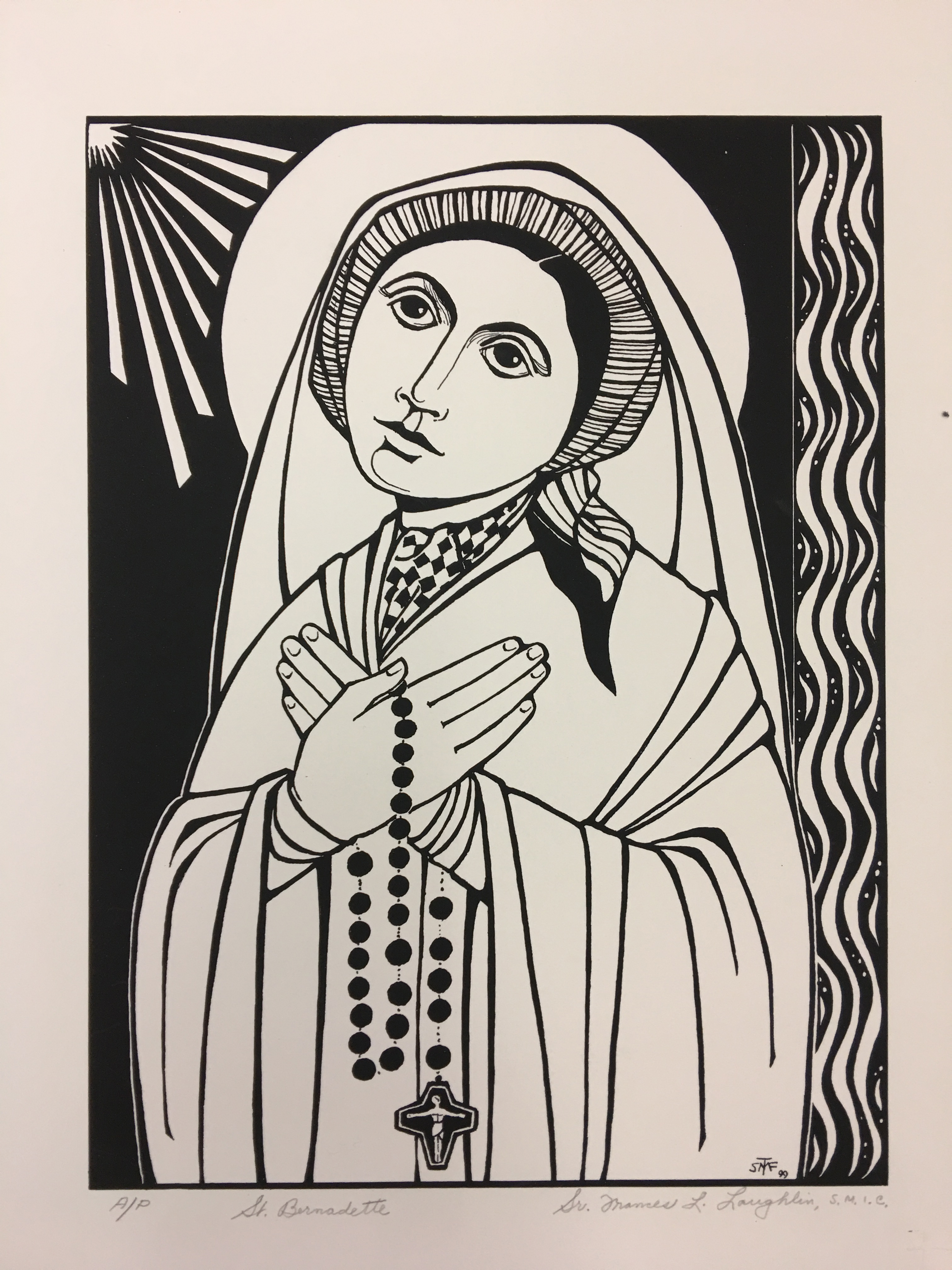 “St. Bernadette” by Sister Frances L. Laughlin, S.M.I.C., 1999. Marian Library Flat File Collection.