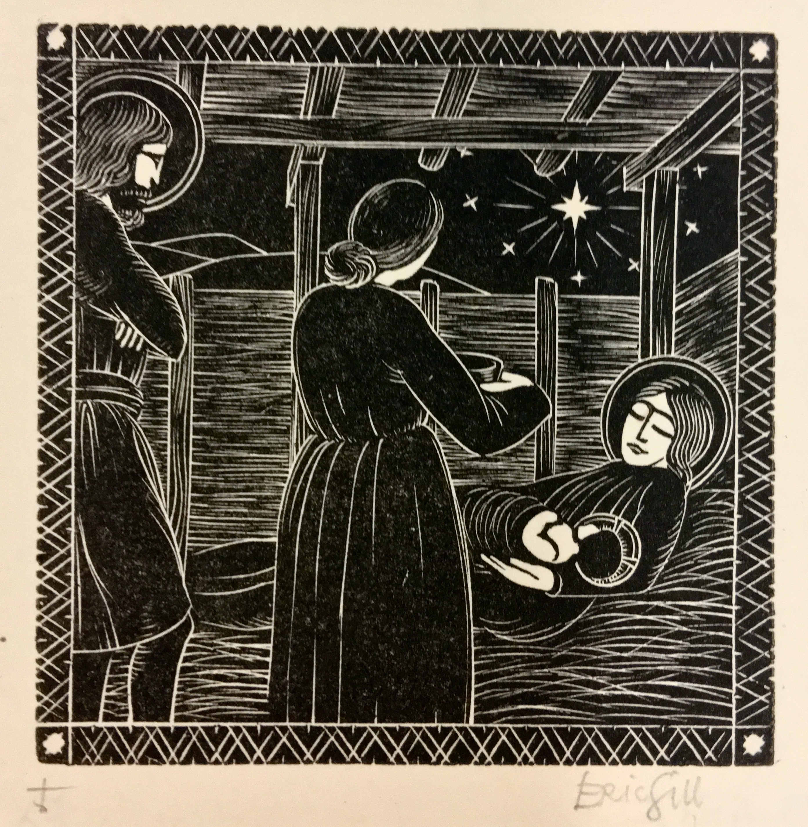 Nativity with Midwife, St. Joseph Standing, Eric Gill, 1913 