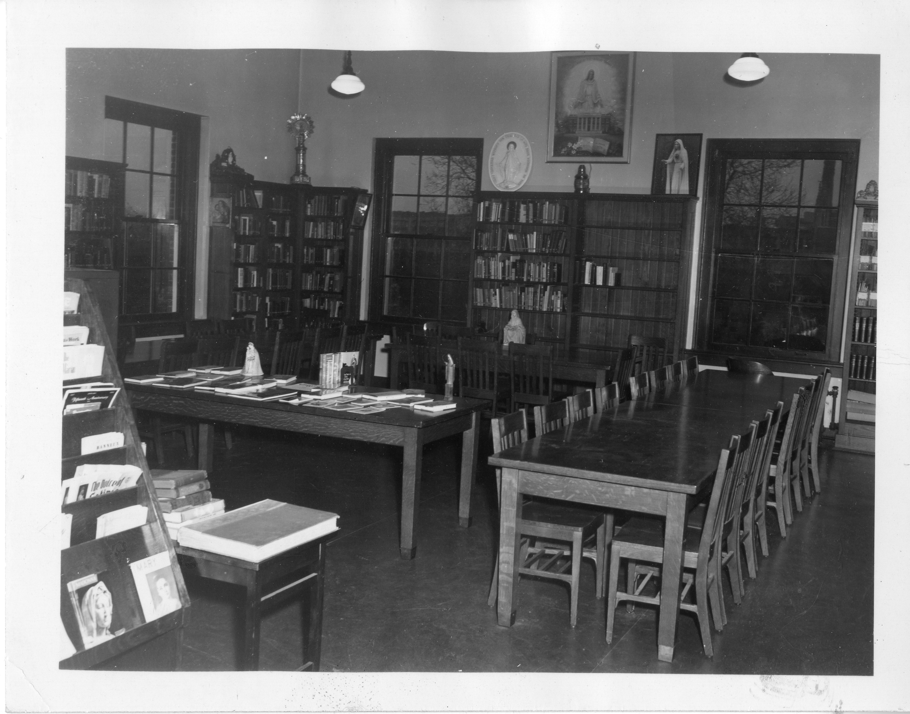 A view of the Marian Library reading room in Albert Emanuel Library, circa 1960.