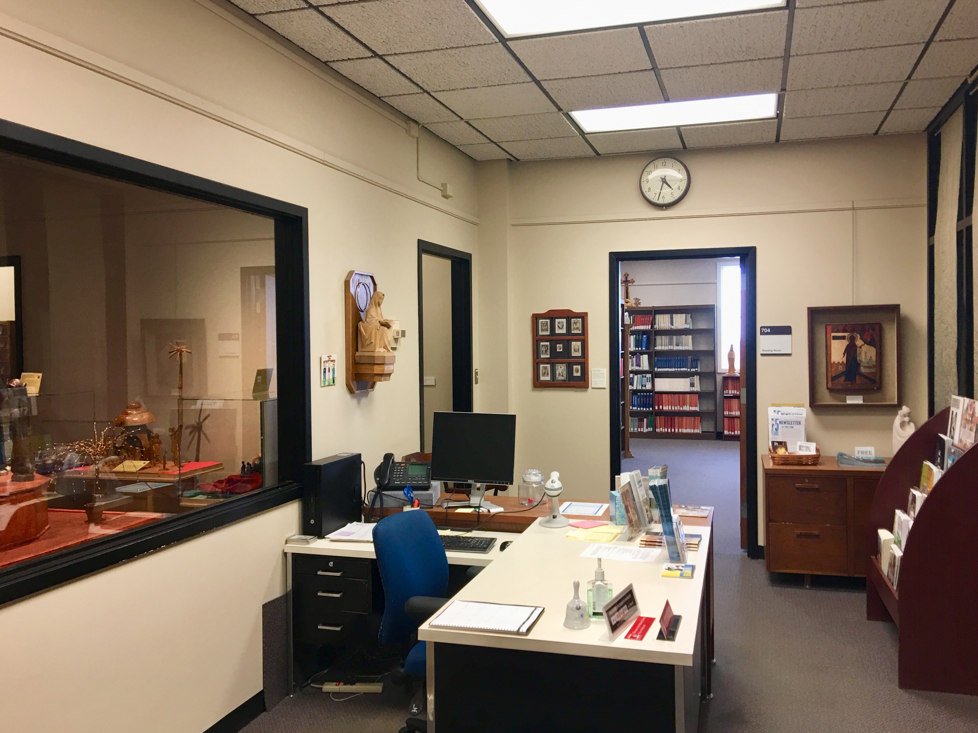 The front desk of the Marian Library, present day.