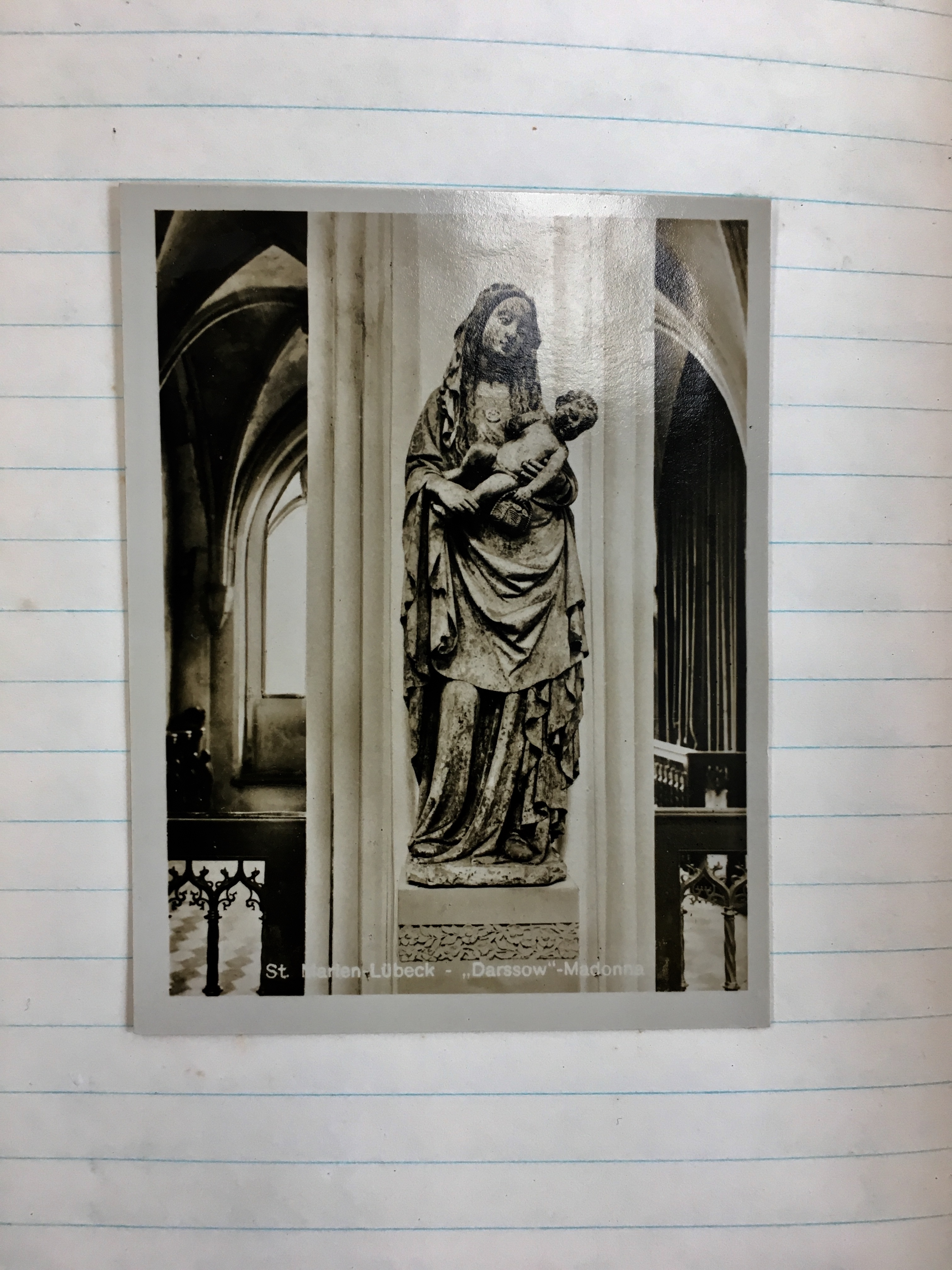 black and white postcard of Darssow Madonna pasted on a diary page