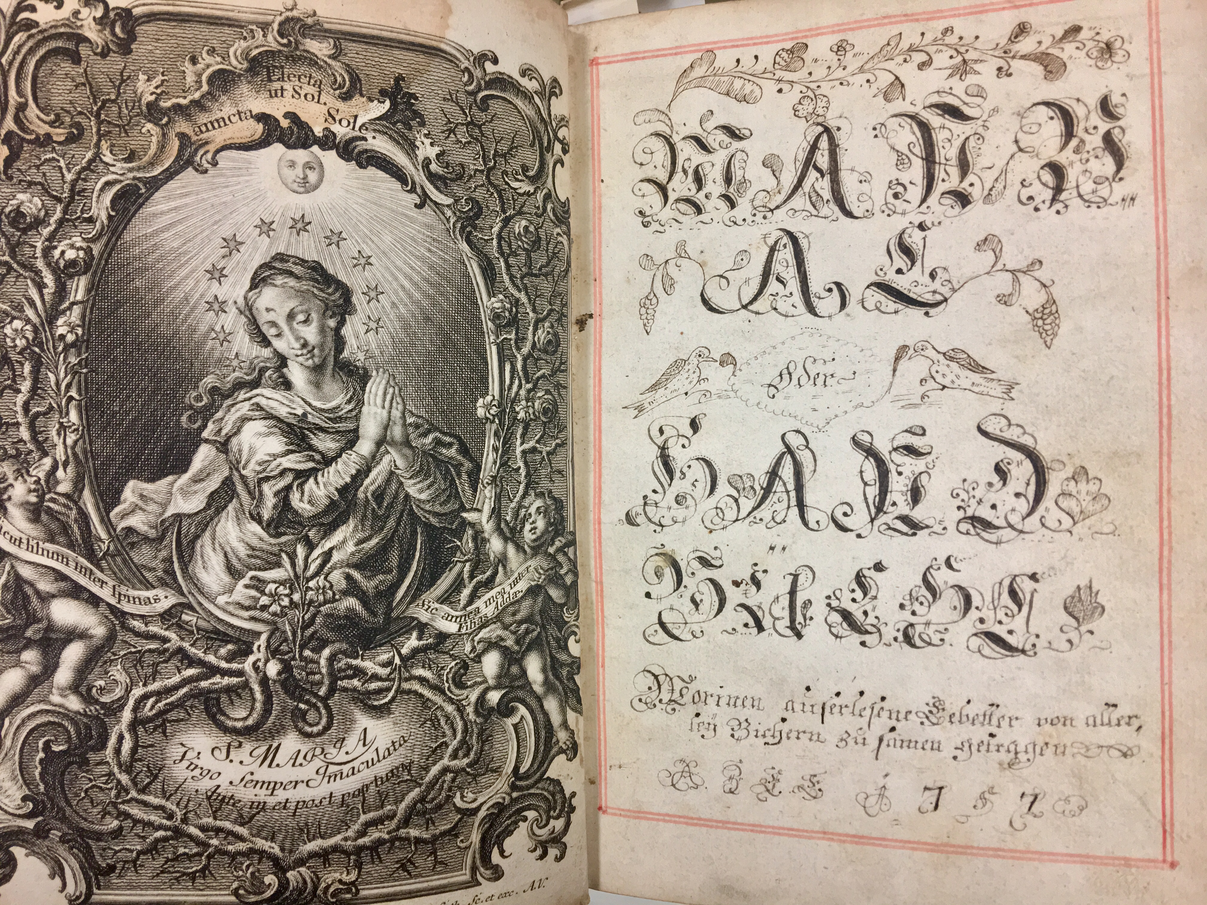 Pages from "Manual, oder, Handbuchl : worinen auserlesene Gebetter von allerley Bichern zu samen getragen," a handwritten book of prayers from 1757
