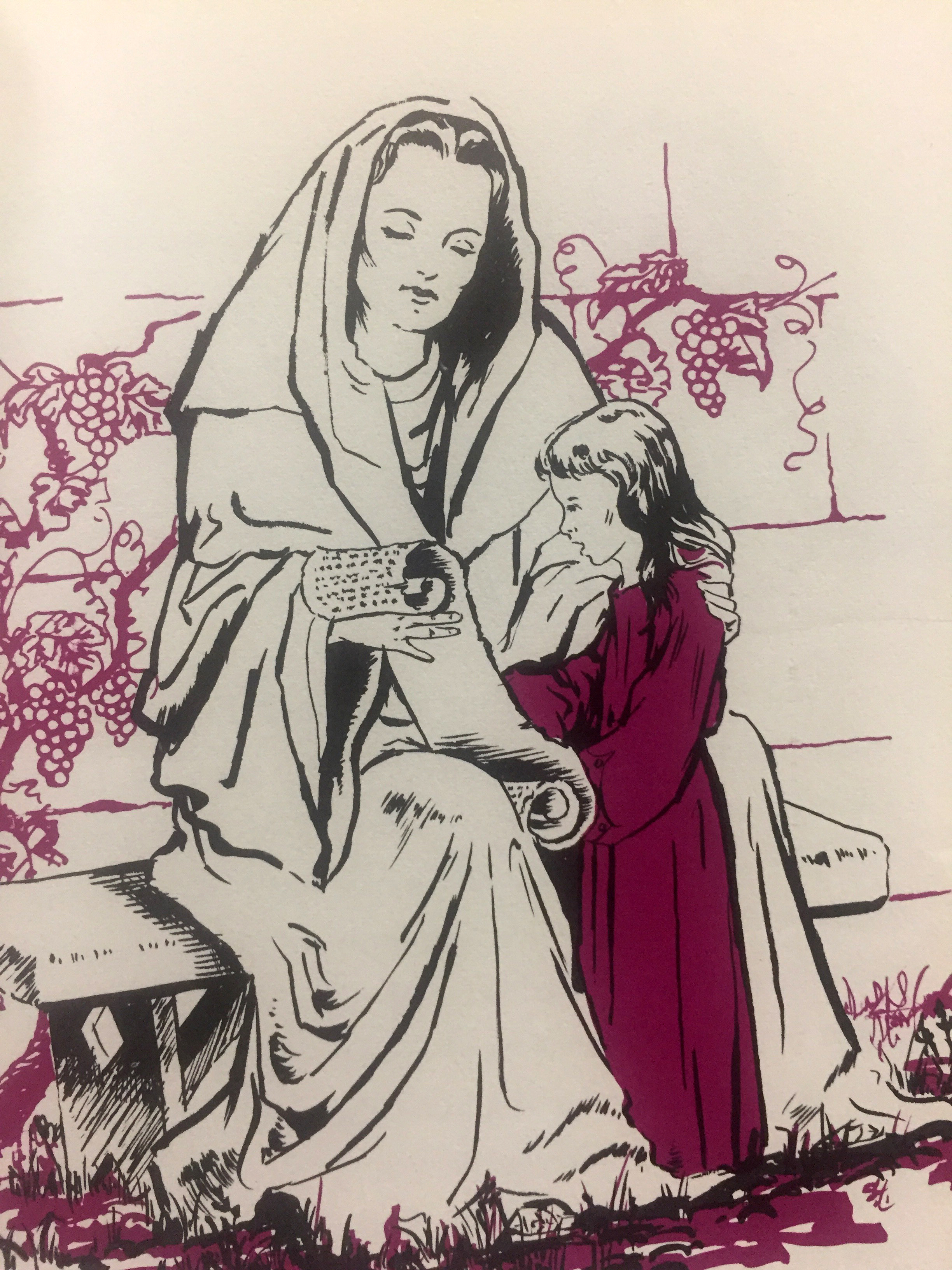 Black and white line art drawing of St. Anne reading a scroll to the child Mary. Highlighted with dark purple ink.