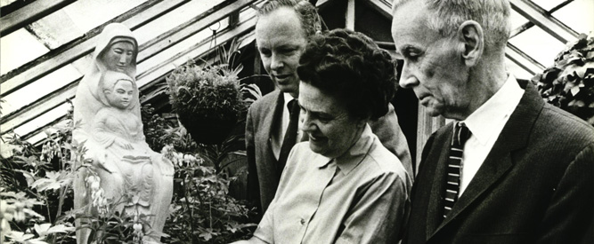 John S. Stokes Jr., Martha Ludes Garra and Edward A. G. McTague with the Mary's Gardens exhibit at the Philadelphia Spring Flower Show, 1968.