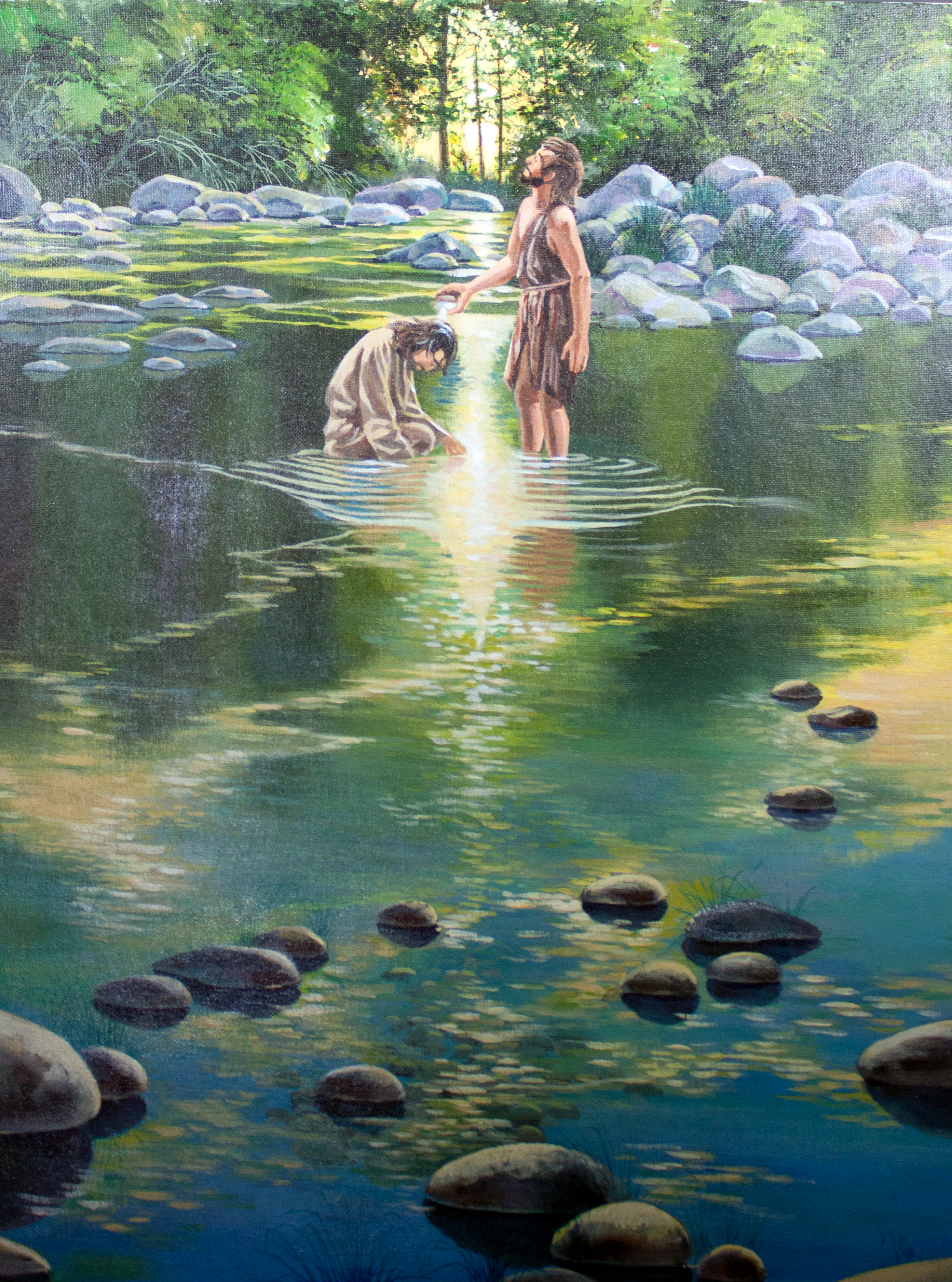 Spirit's Image  Jesus comes to the Jordan River to be baptized by John. John protests that he should be baptized by Christ, but concedes to baptize the Savior through the prompting of the Holy Spirit. In the course of the baptism, a dove appears and precedes the Father's declaration that He is well pleased with His son. The dove's image is present in the ripples of the water around the figures of John and Jesus.