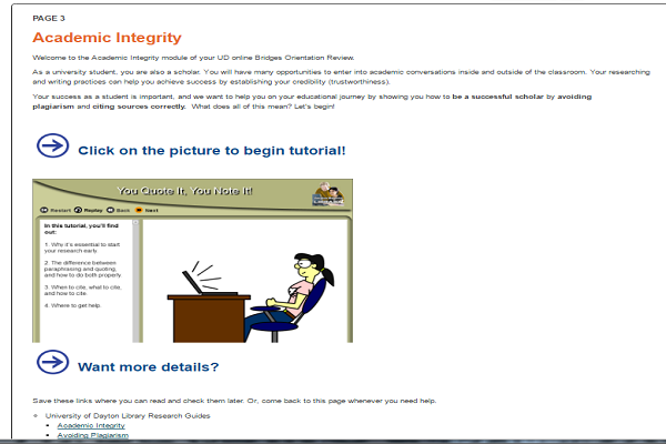 A screen shot of the module on academic integrity.