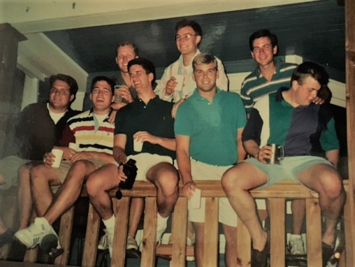 The men of 218 Kiefaber street, circa 1993.  Mike, back row, center wearing glasses.