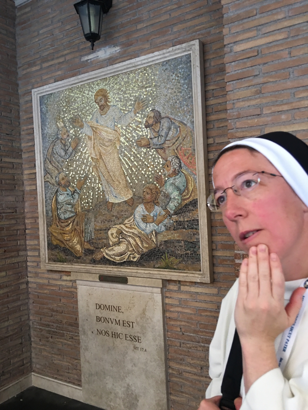 Sr. Rose Miriam from Ireland looking at art outside of St. Peter's.