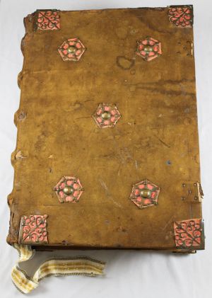 The metal ornamentation on the cover of this antiphonary, 58 centimeters tall (about 23 inches), is known as "furniture."