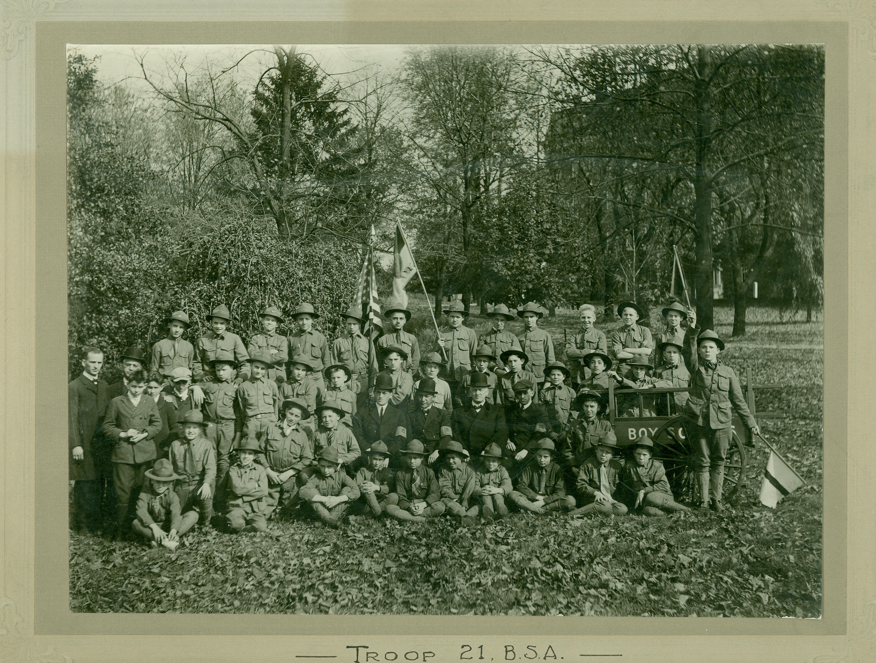 St. Mary’s Institute Boy Scout Troop 21 is pictured on November 14, 1917 on the grounds of the campus. Photo from University Archives.