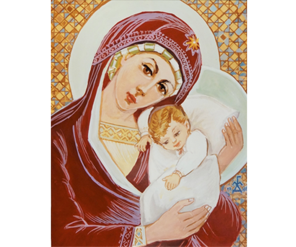 Madonna and Child painted with dark red and golden hues. Golden patterned background. Madonna's head in leaning in toward the Child Jesus who she is holding as he seems to squirm.
