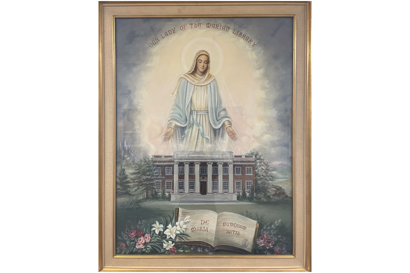 Framed painting of the Blessed Virgin Mary wearing white veil and blue garments, arms outstretched, yellow aura and blue sky in background, word "Our Lady of the Marian Library" in an arch above her head. Beneath her is a brick building with pillars with trees on the side. Below the building nestled amongst flowers in the grass in as open book.