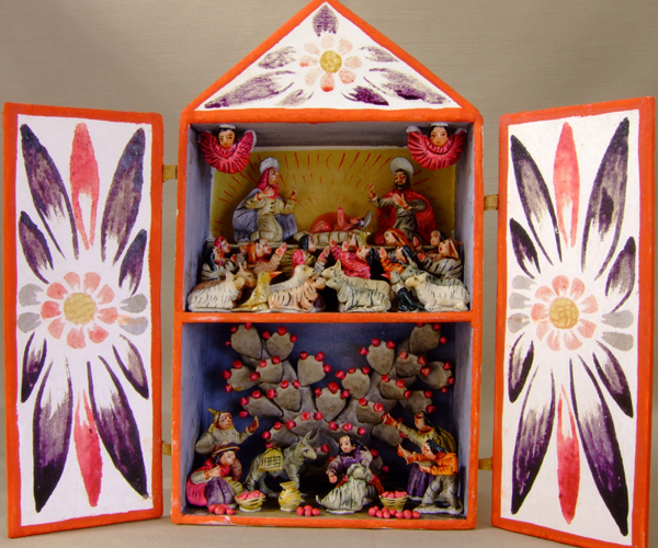 A hand-painted wooden and plaster Nativity retablo, or Nativity box, with two doors that open outward to reveal two levels of miniature figures and two angels suspended from the top corners. The top level features a traditional Nativity scene with Mary, Joseph and Jesus. In front of them are shepherds kneeling and praying with sheep, donkeys and birds next to them. The bottom level features large prickly pear cactuses in the back with five figures harvesting the red fruits. Two donkey figures appear as well.
