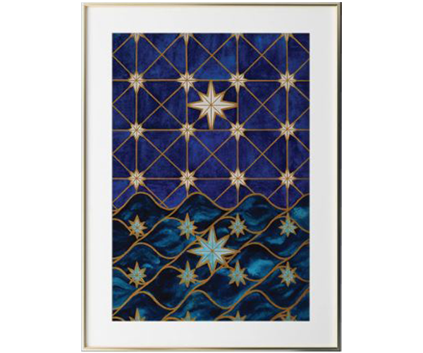 The top half of this abstract artwork is a dark and bright blue sky overlaid with gold lines creating a grid. In each square of the grid, more gold lines exist forming an X. At each corner of the squares is an ornamental 8-point gold star. In one central square is a large 8-point star. The bottom half of the artwork is filled with repeated graphics representing waves. Each of the graphics is outlined in gold and is filled with a muted dark blue, bright blue combination. The mirror image of the stars from the top half serve as a reflection in the bottom half.