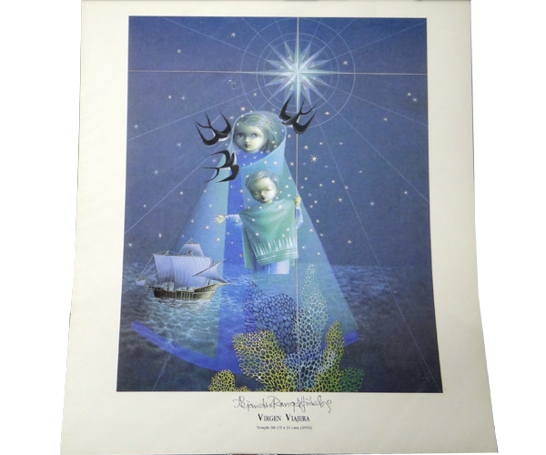 This is image is predominantly blue and displays a transparent illustrated Mary and a toddler-age Jesus, both with childlike faces and simple lines. They are large and overlaying an ocean scene that has a ship with many sails to the left and green coral in the foreground. The sky is filled with small stars and one large star at the very top. Three shadowy doves circle Mary's head.