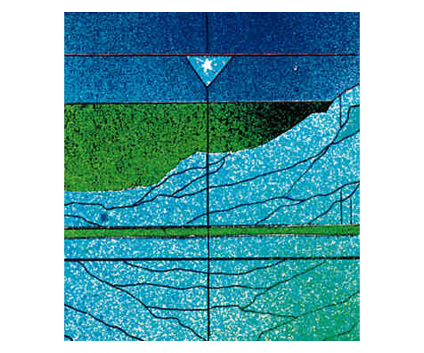 Abstract artwork consisting mostly of bright blues and greens and geometric shapes with black outlines resembling stained-glass. A depiction of light blue water with jagged black lines flows in a diagonal up toward the right corner. Behind the water a rectangle of green represents land. A straight rectangle of dark blue is at the very top. In the dark blue is a small, light blue triangle that points downward. A white star is inside the triangle.