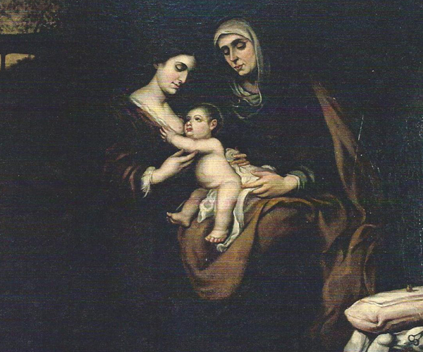 Painting of the Madonna sitting, holding up and nursing the Infant Jesus while he sits on the knee of St. Anne. 