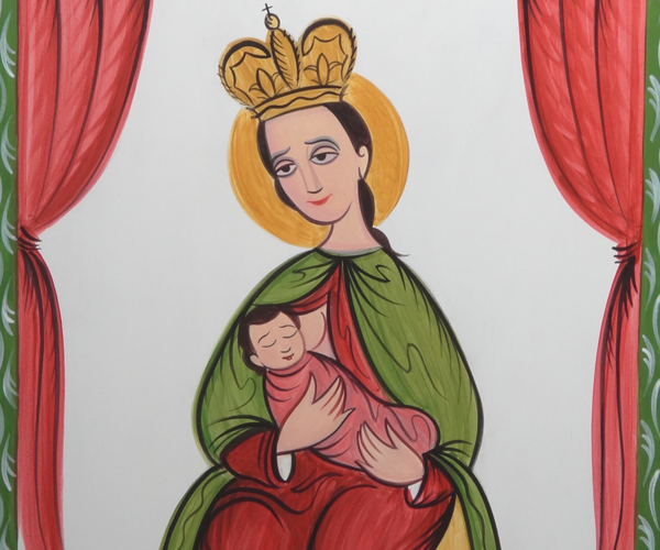 Madonna sitting with Infant Jesus resting on her lap while nursing. Mary is wearing a gold crown, red garment and green cape. The Infant Jesus is swaddled in a lighter red garment. They sit under red flowing curtains on a white background. 