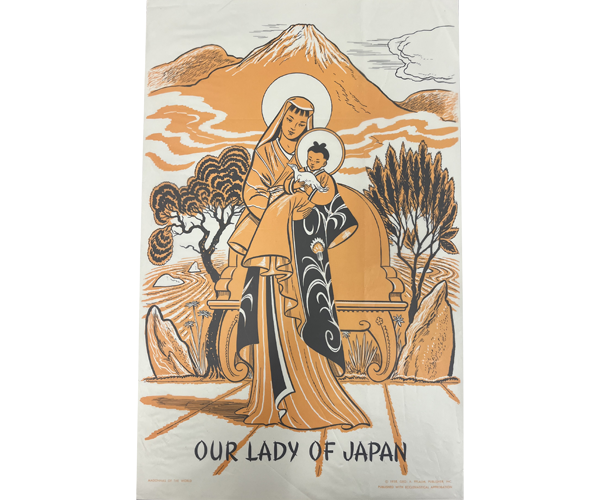 Illustrated with black outlines, a golden yellow and white accents. Our Lady of Japan is depicted with Mary dressed in ornate robes holding child Jesus who is holding a white bird. Behind them is a zen rock garden, stylized trees and Mount Fugi. Below them our the words "Our Lady of Japan."