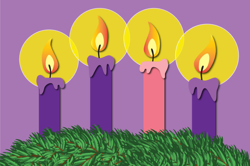 Cartoon-like illustrated Advent wreath with green sprays of pine tree lit purple candles, one lit pink candle.