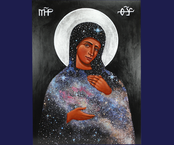Image of the Madonna with a silvery halo around her head; her head covering and attire depict a whirling galaxy in the heavens, and her hands are positioned as though she were holding the galaxy like an infant. The Greek capital letters mu and rho at the top left are an abbreviation for “Mary” or “mother,” and the Greek capital letters theta and upsilon at the top right are an abbreviation for “theou,” for “God,” or “theotokos,” for “God bearer.”