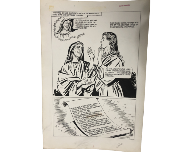 Page from the Catholic comic book "Behold the Handmaid: The Story of Our Blessed Mother." The page features two illustrated panels with text from the first chapter in the Gospel of Luke. The top panel features an illustration of the Visitation between Mary and Elizabeth, along with text from Luke 1:39-45. Text panel 1 (Editorial caption): “Inspired by God, Elizabeth knew of the wonderful thing that had happened to Mary.” Text panel 2 (Elizabeth speaking to Mary): “Blessed is she who has believed, because the things promised her by the Lord shall be accomplished!” Text panel 3 (Editorial caption): “Then Mary herself burst into one of the greatest songs of thanksgiving and praise.” Text panel 4 (Mary sings the Magnificat from Luke 1:47-48): “My soul magnifies the Lord, and my spirit rejoices in God my Savior … because he hath regarded the lowliness of his handmaid …” The bottom panel features an illustration of an opened scroll surrounded by holy light which is depicted with lines radiating out and around the scroll. The scroll features the remainder of the text from Mary’s Magnificat. Text panel 1 (Mary’s Magnificat from Luke 1:49-55): “For behold henceforth all generations will call me blessed; for he who is mighty has done great things for me, and holy is his name: And for generations upon generations is his mercy to those who fear him. He has shown might with his arm, He has scattered the proud in the conceit of their heart. He has put down the mighty from their thrones, and has exalted the lowly. He has filled the hungry with good things, and the rich he has sent away empty. He has given help to Israel. His servant, mindful of his mercy - - even as he spoke to our fathers - - to Abraham and to his posterity forever.” 
