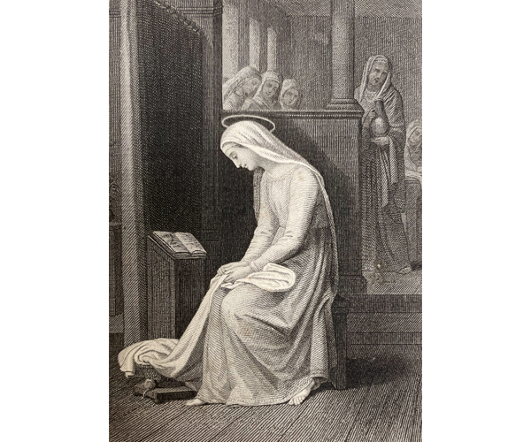 Detail of a French holy card with an engraved black and white image of Mary sitting on a stool and holding a white cloth in her lap as she looks down at the sewing basket near her feet. To the left of Mary is a stand with an open book on it. In the background and up a set of two steps is a group of five women observing her.   