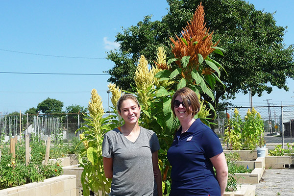 (l-r): The Foodbank of Miami Valley's master gardener, Alex Klug, and University of Dayton's Dr. Kellie Schneider collaborated on community-based operations research for an urban garden to optimize the growing and distributing of nutritious, fresh produce for our area's food insecure.