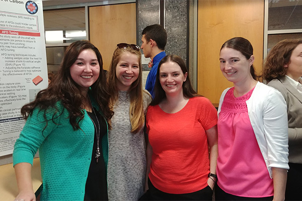 (l-r) Sarah Hollis, S.U.R.E. undergraduate engineering student researcher; Paige Ingram, Berry Summer Thesis Institute, Dr. Allison Kinney, mechanical engineering S.U.R.E. faculty mentor and Dr. Kim Bigelow, mechanical engineering S.U.R.E. faculty mentor 