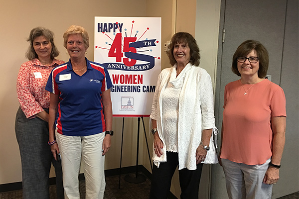 (l-r) Susan Hill, '79 CME UDRI; Teresa Smith, '81 MCT Vectren; Carol Shaw, professor emeritus, engineering technology and engineering management programs and founder of the WIE summer camp; Paige Giannetti, '78 CME Giannetti Consulting; at WIE Dinner with an Engineer