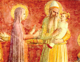 Simeon holding Jesus in the Temple as Mary stands next to them