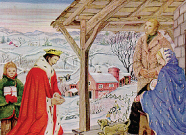 Lauren Ford's winter scene of the King presenting a gift to Jesus with Mary and Joseph looking on from a rustic porch