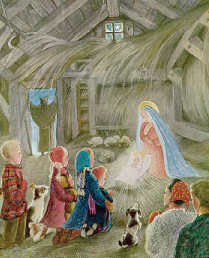 Inside of the stable, children gather around Mary and Baby Jesus while Joseph looks out the door