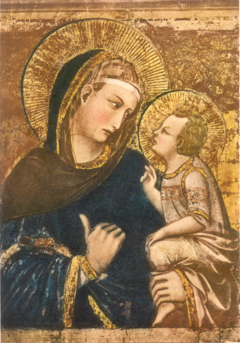 LORENZETTI, PIETRO, ca. 1280-1348?,  Detail from A MADONNA AND CHILD WITH JOHN EVANGELIST AND FRANCIS OF ASSISI. 1320?, Assisi, Italy: Fresco in the Lower Church of San Francesco