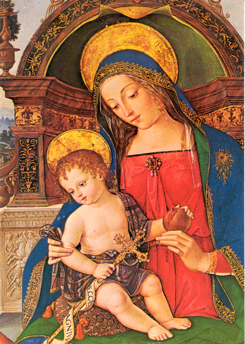 PINTURICCHIO, ca. 1454-1513,   Detail from MADONNA AND CHILD ENTHRONED WITH JOHN BAPTIST, 1495-1500, Perugia, Italy: Galleria Nazionale dell'Umbria