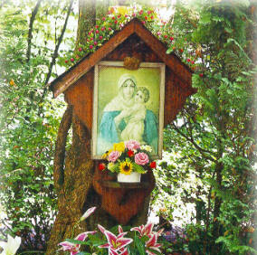 Photograph of the shrine in the woods hanging on a tree. 