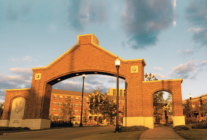 View of Keller Hall and UD Front Gate