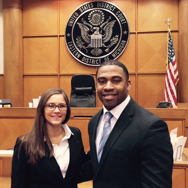 Semifinalists Michelle (Thompson) Sundgaard and Rodney Jacobs at the Texas Young Lawyers Association National Mock Trial Competition 2015 regional.