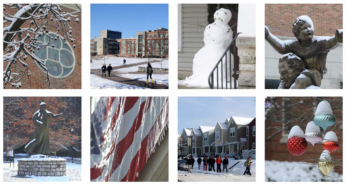 Various photos of snow covering the UD campus.