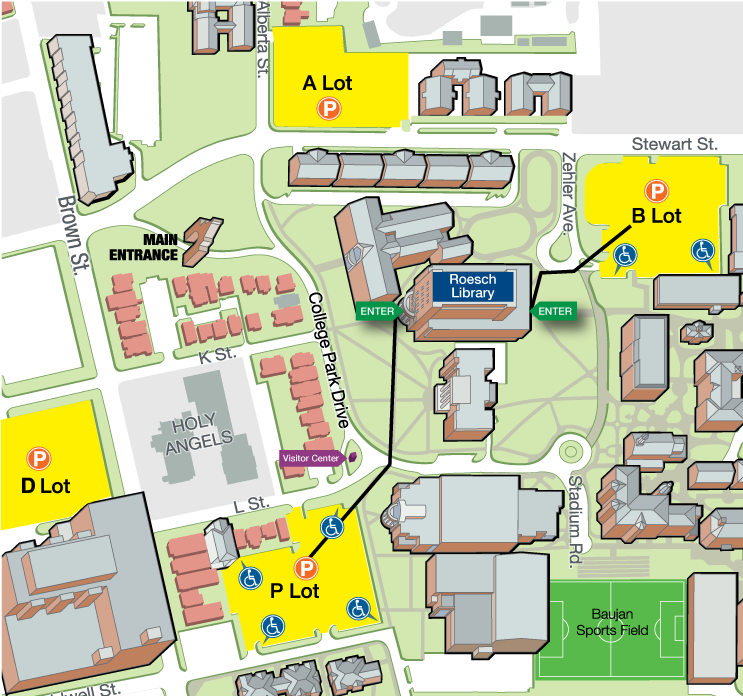 detail of campus map surrounding Roesch Library displaying parking lot options