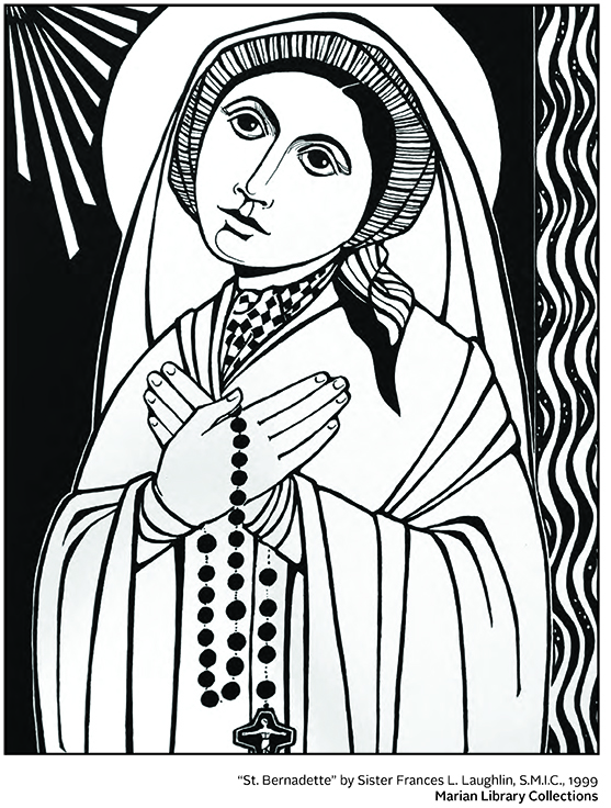 Black and white drawing of Bernadette with head titled hands at chest with rosary intertwined
